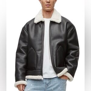 Mode of One Men's Aviator‎ Faux leather Sherpa Jacket full zip Black size XXL